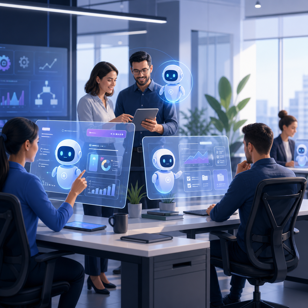 Employees working alongside AI agents in a modern office, highlighting collaboration and automation.