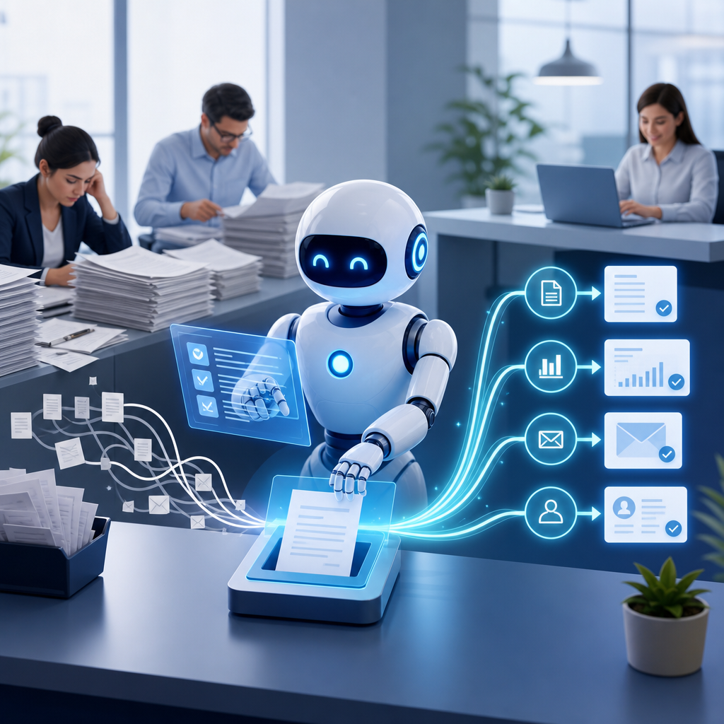 An infographic depicting AI technology reducing repetitive tasks in business operations.